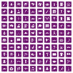 100 landmarks icons set grunge purple