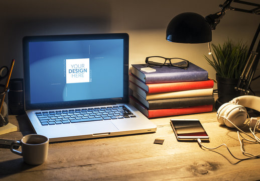 Laptop on Wooden Desk with Lamp Mockup 1