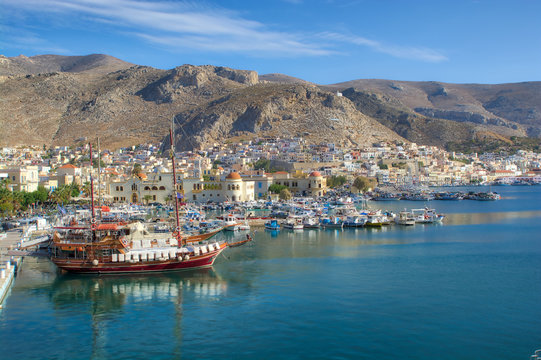 A beautiful wood ship at the port of Pothia, Kalymnos, Greece