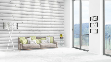 Brand new white loft bedroom minimal style interior design with copyspace wall and view out of window. 3D Rendering.