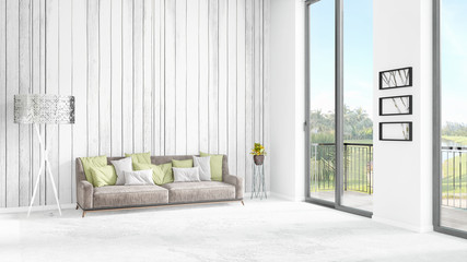 Brand new white loft bedroom minimal style interior design with copyspace wall and view out of window. 3D Rendering.