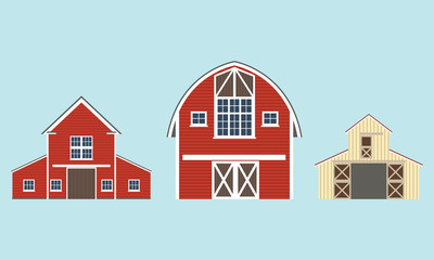 Barn icon set. Vector illustration of red farm house.