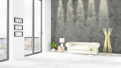 Brand new white loft bedroom minimal style interior design with copyspace wall and view out of window. 3D Rendering.