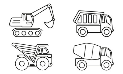 Truck outline icon set. Dump truck, Mixer truck, Excavator. Vector illustration.