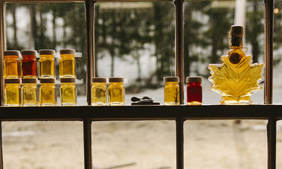 Maple Syrup Grade Display in Window of Sugar Shack