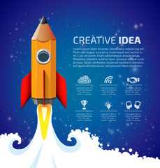 Creative idea concept - pencil as speed rocket climbing to the sky - wisdom and knowledge