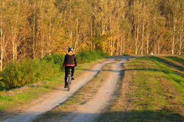 Fototapeta premium Cycling, mountain bikeing woman on cycle trail in autumn forest.