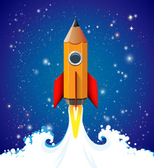 Creative idea concept - pencil as speed rocket climbing to the sky - wisdom and knowledge
