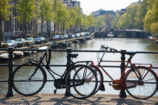 Bikes on the bridge in Amsterdam, Netherlands.
