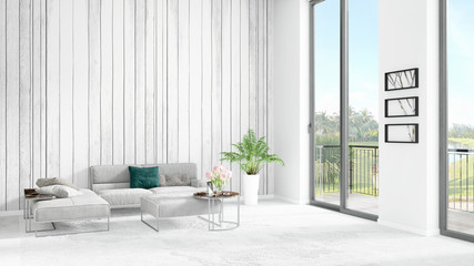 Brand new white loft bedroom minimal style interior design with copyspace wall and view out of window. 3D Rendering.