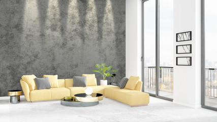 Brand new white loft bedroom minimal style interior design with copyspace wall and view out of window. 3D Rendering.