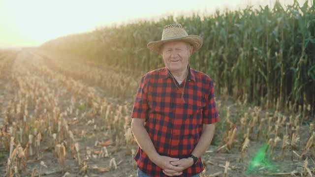 Portrait of the successful senior farmer smilimg at camera 4K