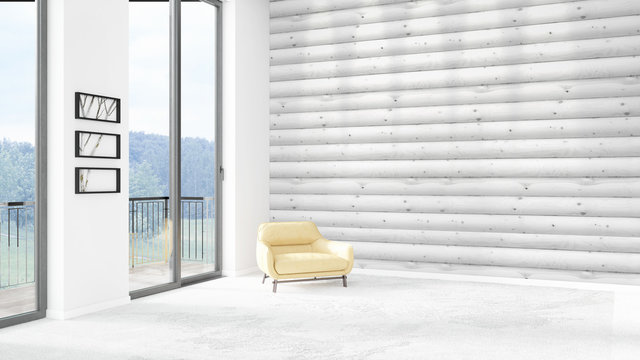 Brand new white loft bedroom minimal style interior design with copyspace wall and view out of window. 3D Rendering.