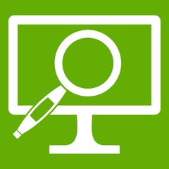 Computer monitor magnifying glass icon green