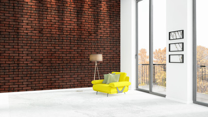 Brand new white loft bedroom minimal style interior design with copyspace wall and view out of window. 3D Rendering.