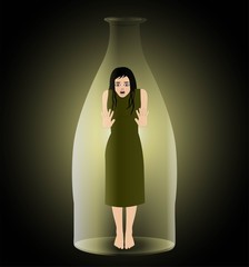 illustrazione vettoriale simbolica di donna imprigionata in una bottiglia