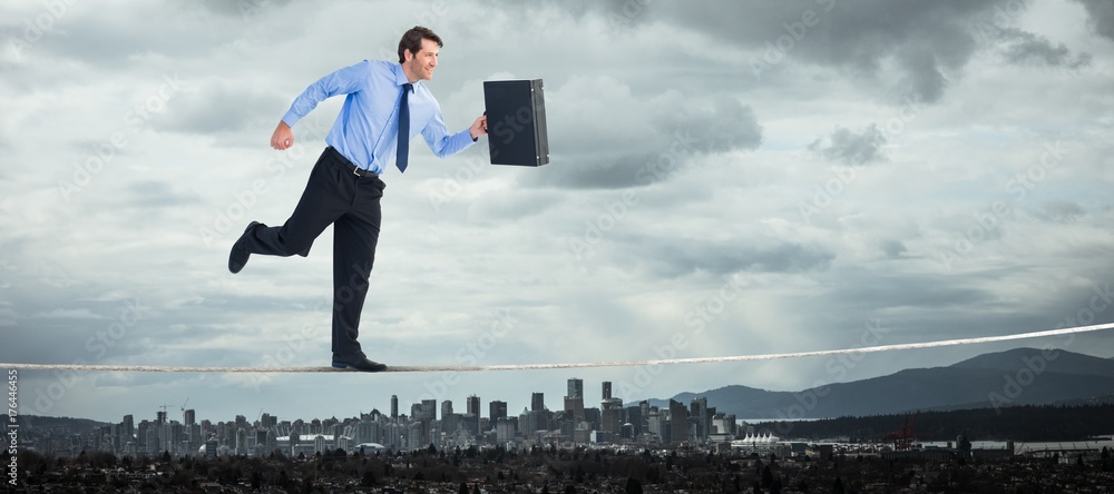 Poster composite image of walking and smiling businessman with suitcase