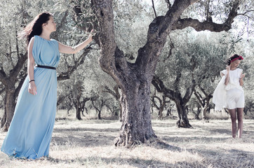 Women picking olives in plants