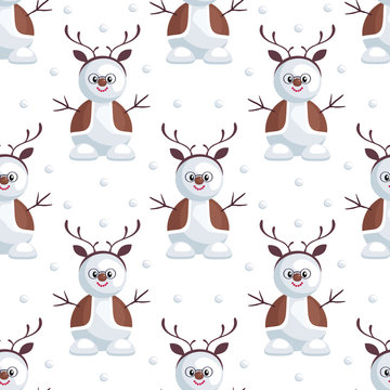 Christmas seamless pattern with the image of snowmen in cartoon style. Vector colorful background