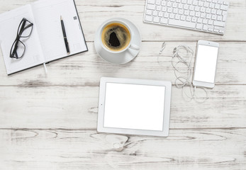 Office desk tablet pc notebook coffee Flat lay