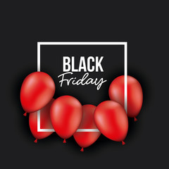 black friday poster with white frame with red balloons and black color background