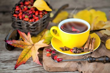 Obraz na płótnie Canvas hot tea with rose hips, autumn, rain