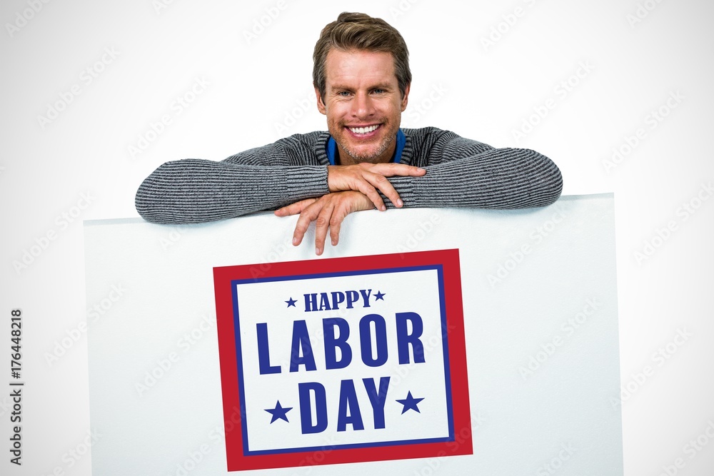 Aufkleber composite image of smiling man on table against white background