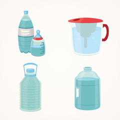 Set Plastic bottle of pure water, different bottle design vector illustration in cartoon style.
