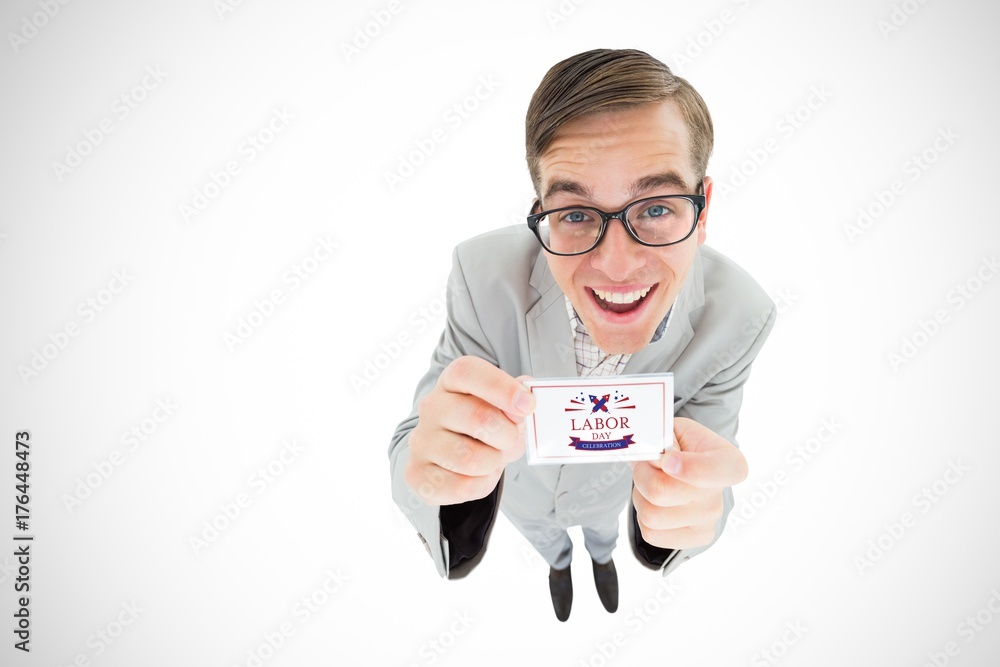 Aufkleber composite image of geeky hipster smiling and showing card