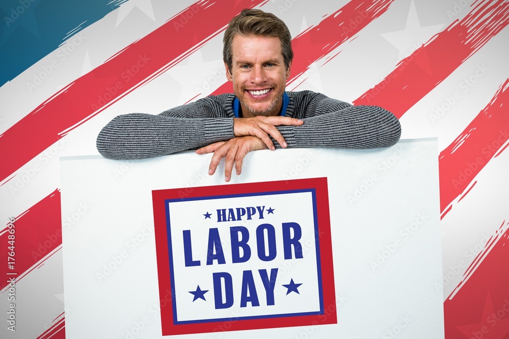 Poster composite image of smiling man on table against white background