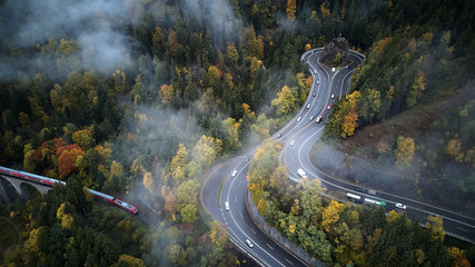 street from above trough a misty forest at autumn, aerial view flying through the clouds with fog and trees