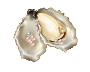 Pink and white pearls in an oyster.