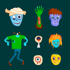 Colorful zombie scary cartoon character and magic people body part cartoon fun monster vector illustration