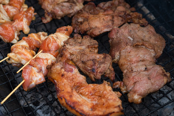 Chicken and pork grill over the small flame. shallow DOF.