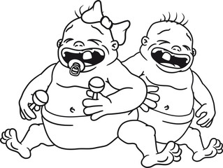 junge paar geschwister 2 freunde team zwillinge mädchen girl frau weiblich hübsch weinen flennen unglücklich traurig schreien nerven fett dick sitzend klein süß niedlich windel kind baby comic cartoon