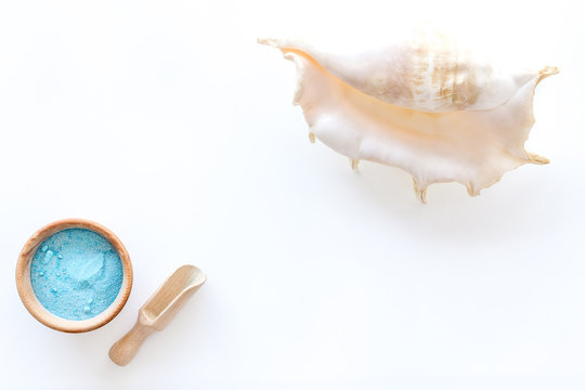Sea cosmetics and shell from dead sea for homemade spa white background top view mock up