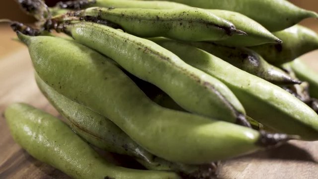 Rotating stack of freshly picked Fava beans in pods.