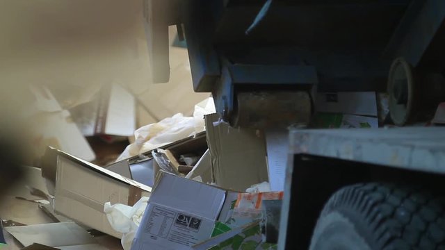 Truck brought the waste paper to the garbage processing plant. Unloading of recyclable materials in the warehouse of the waste processing plant. Waste paper. Footage with sound.