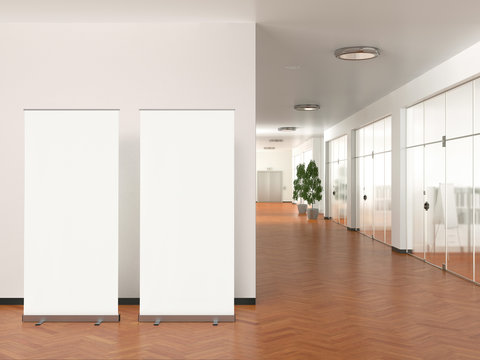 Blank Roll Up Banner Stand In Modern Office