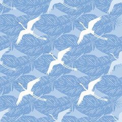 Crane birds with feathers on a blue background. Vector seamless pattern