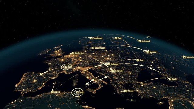 Flight Paths Over Europe. World Airplane Flight Travel Plans Connections. Airport International Connectivity.