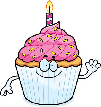 Cartoon Birthday Cupcake Waving