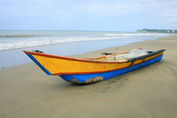 Fototapeta na wymiar Bow of a Blue and Yellow Fishing Boat