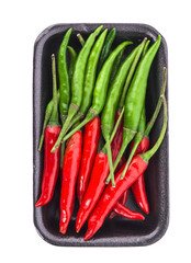 red and green chilli top view isolated on white background