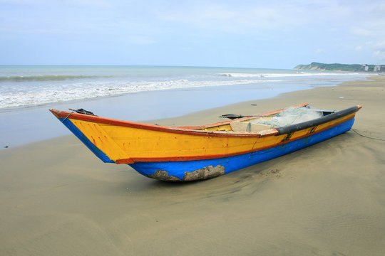 Bow of a Blue and Yellow Fishing Boat