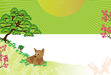 子犬と日の出の和風のイラストポストカード