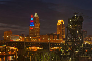 Fototapeta na wymiar Glowing downtown Cleveland at dusk