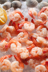 An assortment of cooked shrimp and raw clams on ice garnished with lemon