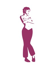 Plakat Young woman covering her breast by hand. Vector illustration. Female figure posing