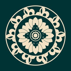 Decorative design element. Pattern with geometric ornaments. Circular ornamental mandala symbol. Indian culture motif. Man in lotus yoga pose
